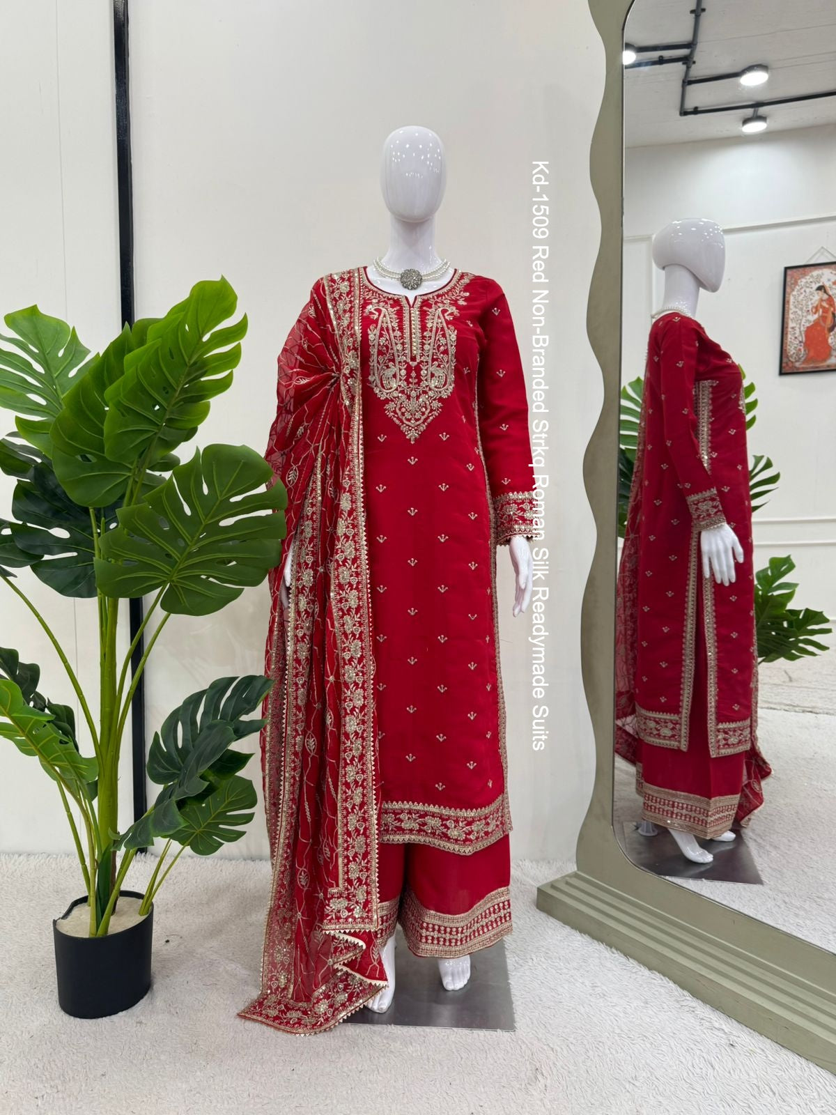Kd-1509 Red Non-Branded Strkq Roman Silk Readymade Suits
