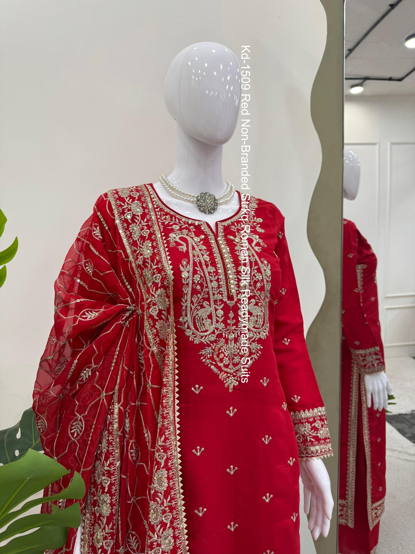 Kd-1509 Red Non-Branded Strkq Roman Silk Readymade Suits