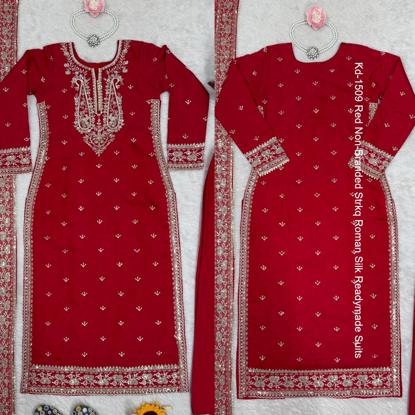 Kd-1509 Red Non-Branded Strkq Roman Silk Readymade Suits