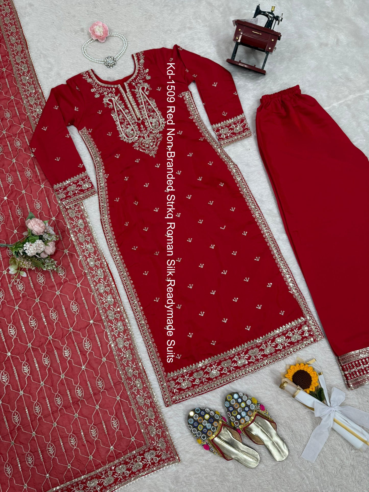 Kd-1509 Red Non-Branded Strkq Roman Silk Readymade Suits