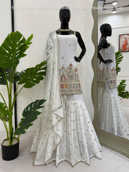 Kd-1513 White Non-Branded Strkq Georgette Readymade Suits