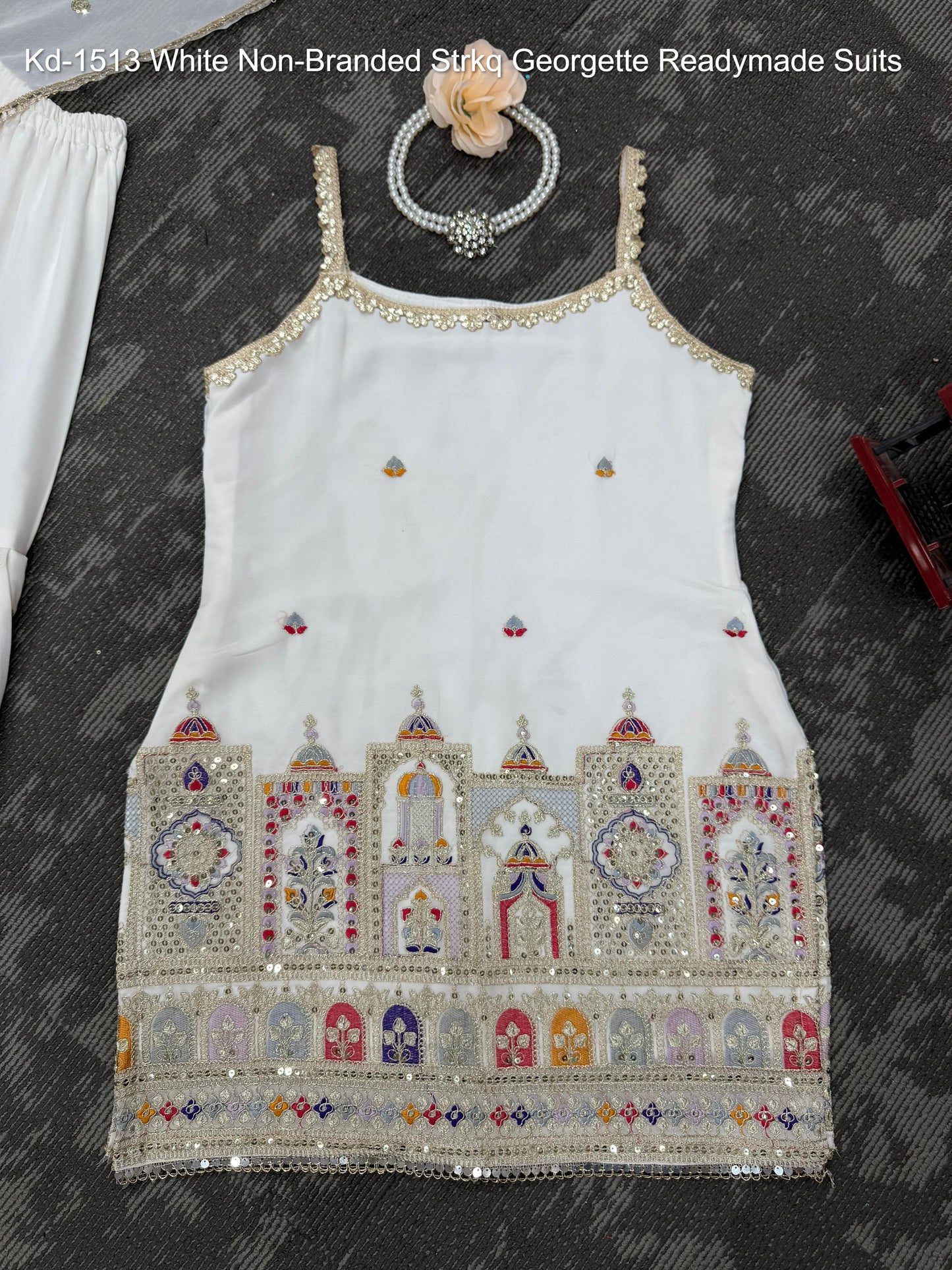 Kd-1513 White Non-Branded Strkq Georgette Readymade Suits