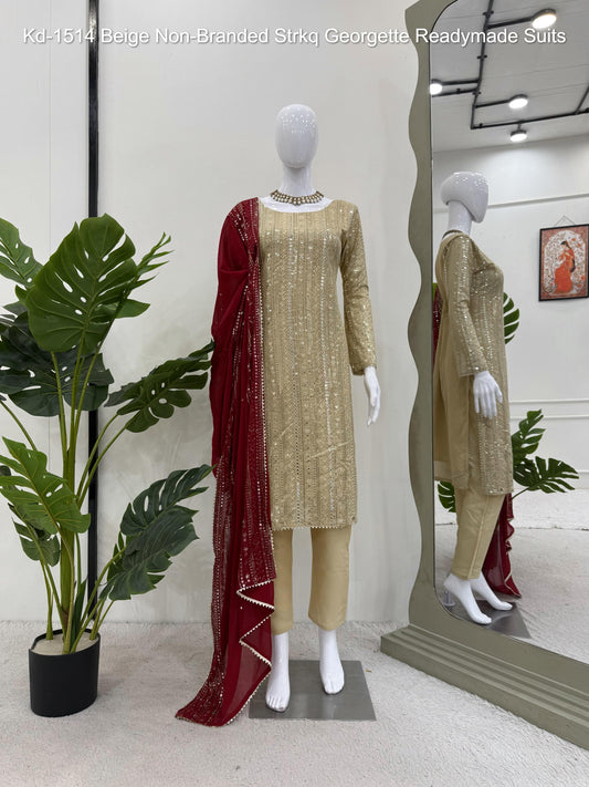 Kd-1514 Beige Non-Branded Strkq Georgette Readymade Suits
