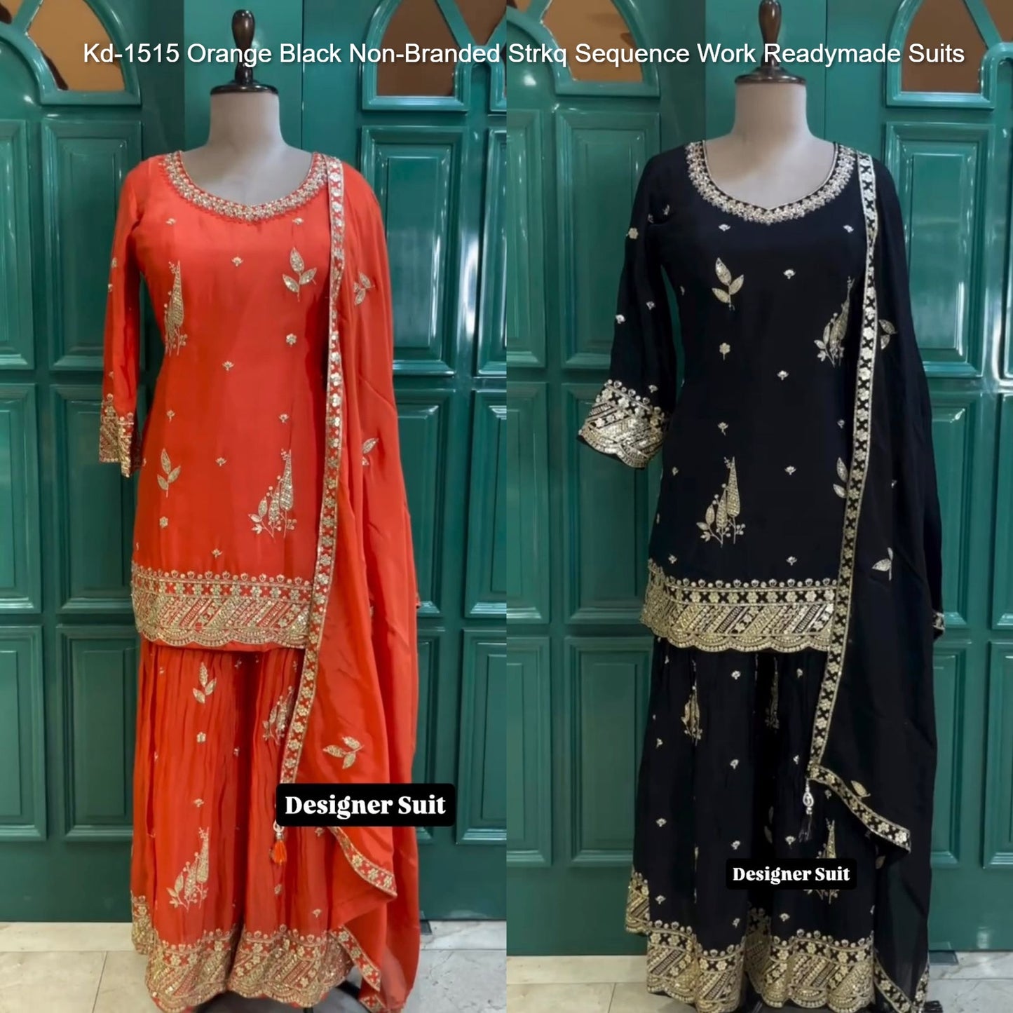 Kd-1515 Orange Black Non-Branded Strkq Sequence Work Readymade Suits