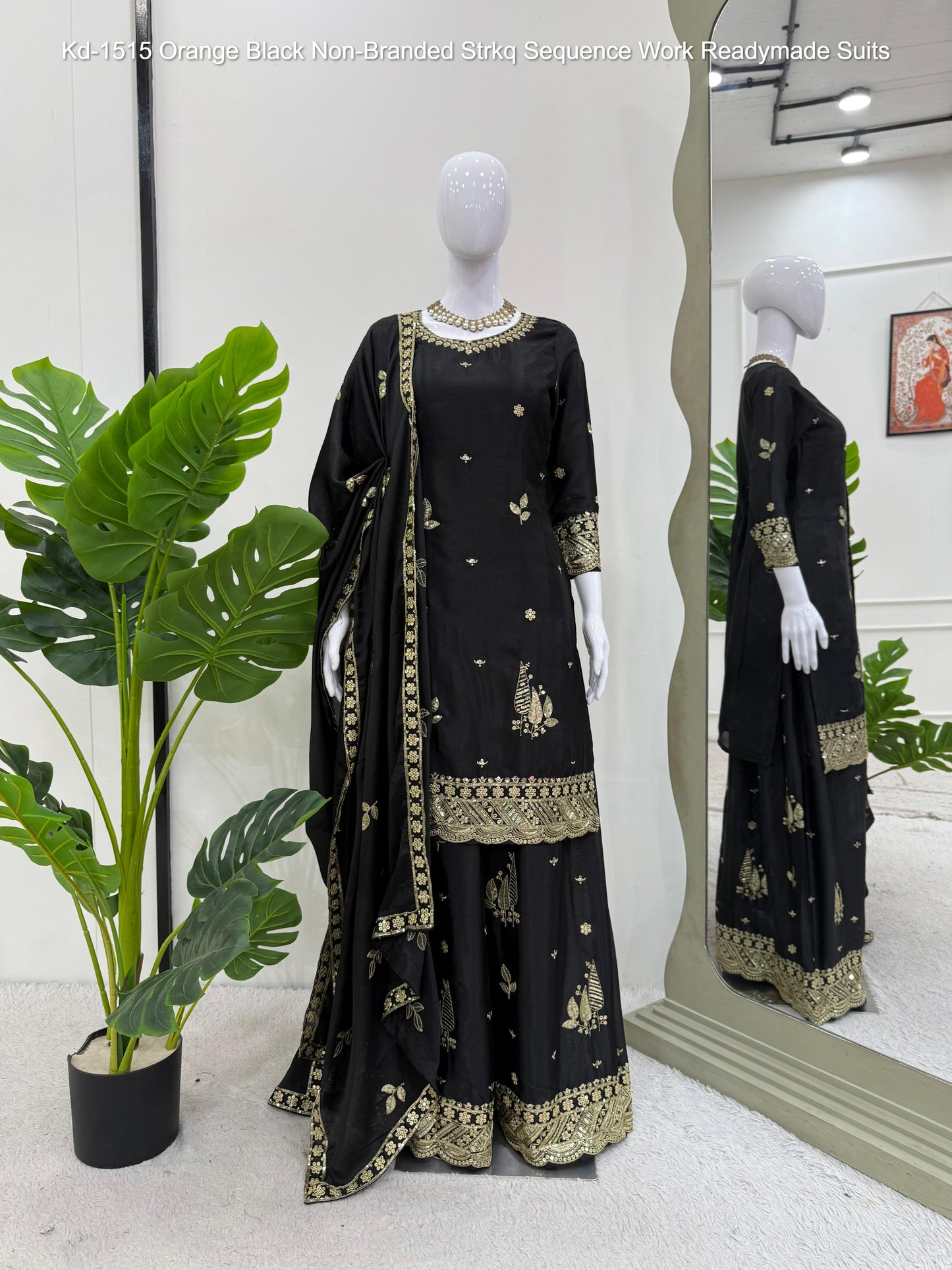 Kd-1515 Orange Black Non-Branded Strkq Sequence Work Readymade Suits