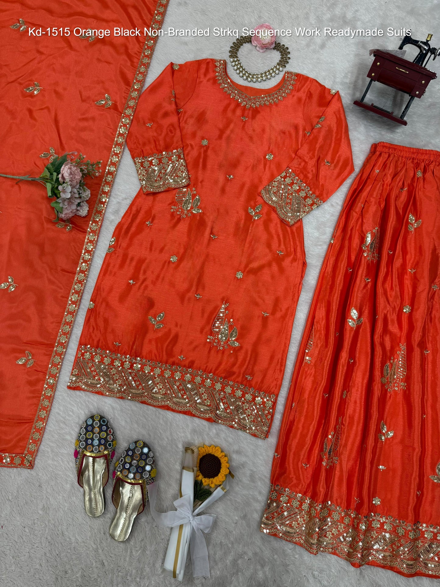 Kd-1515 Orange Black Non-Branded Strkq Sequence Work Readymade Suits
