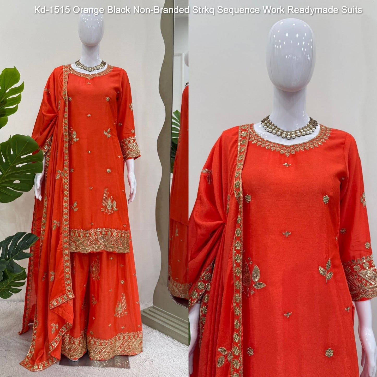 Kd-1515 Orange Black Non-Branded Strkq Sequence Work Readymade Suits