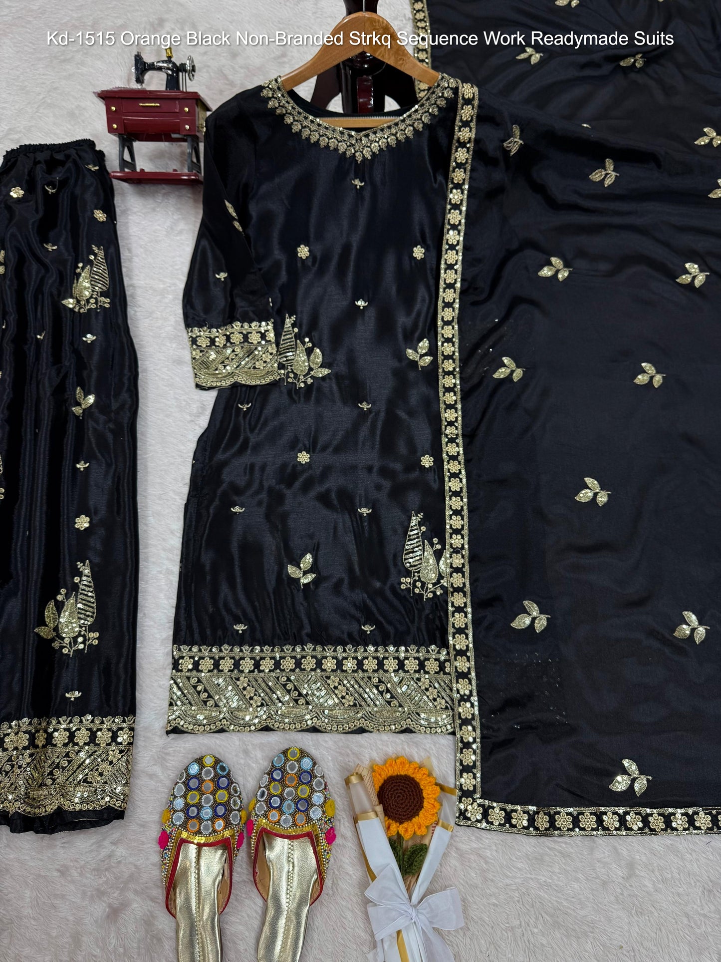 Kd-1515 Orange Black Non-Branded Strkq Sequence Work Readymade Suits