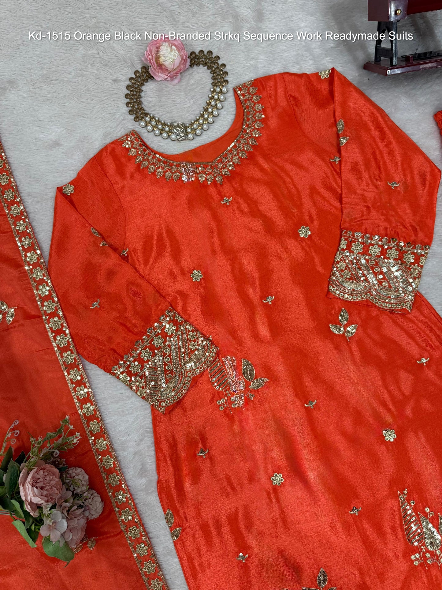 Kd-1515 Orange Black Non-Branded Strkq Sequence Work Readymade Suits