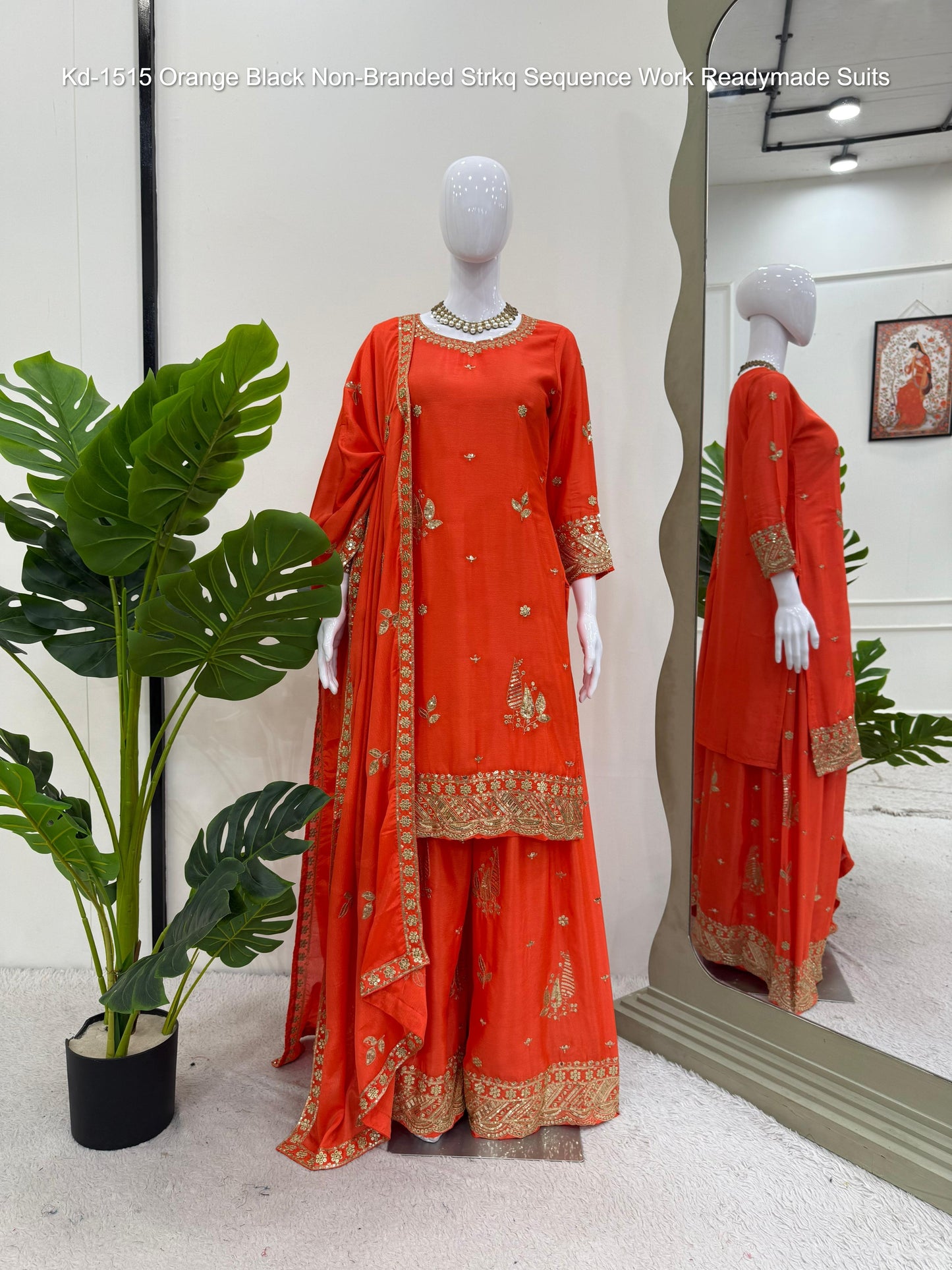 Kd-1515 Orange Black Non-Branded Strkq Sequence Work Readymade Suits