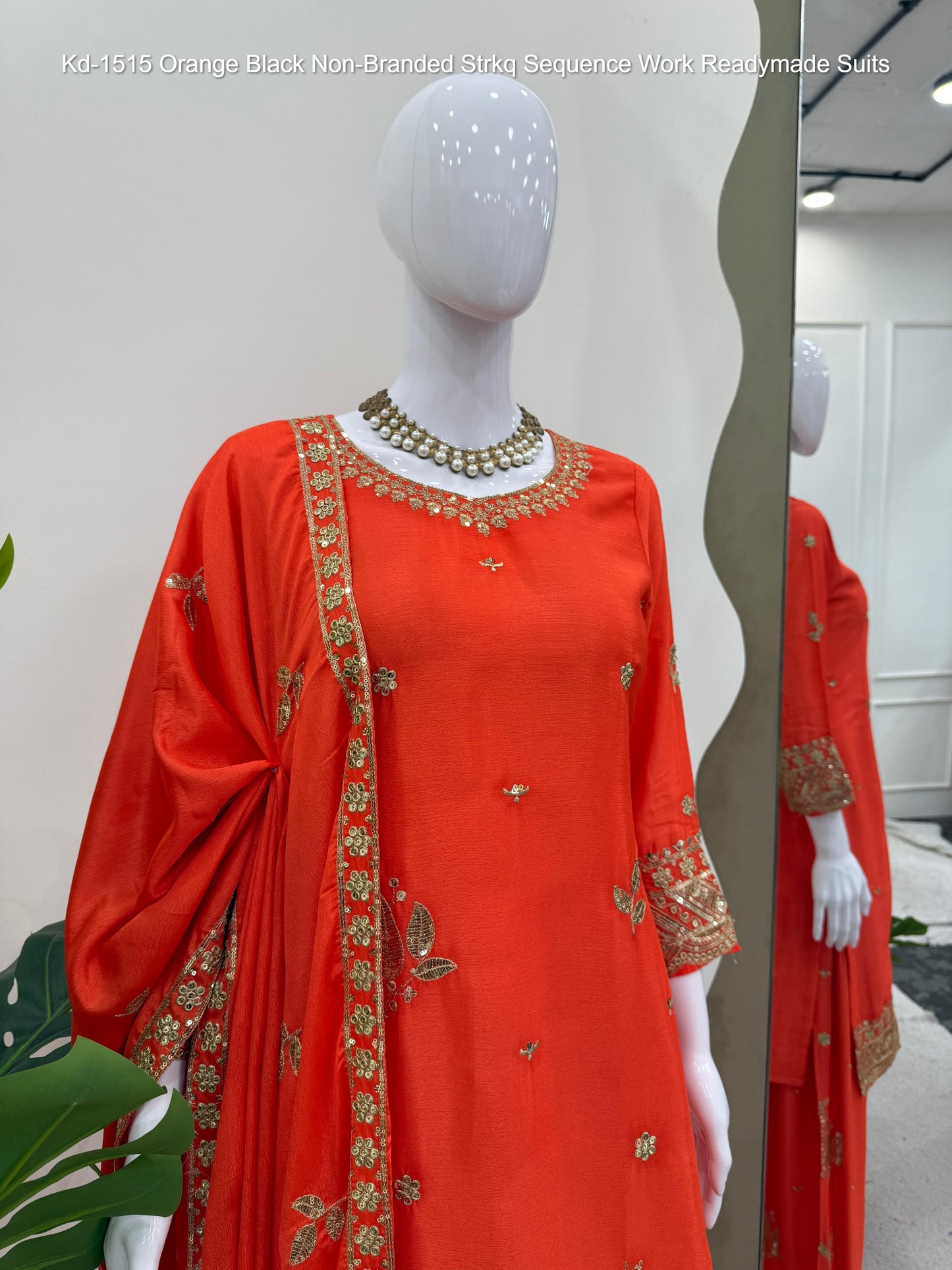 Kd-1515 Orange Black Non-Branded Strkq Sequence Work Readymade Suits