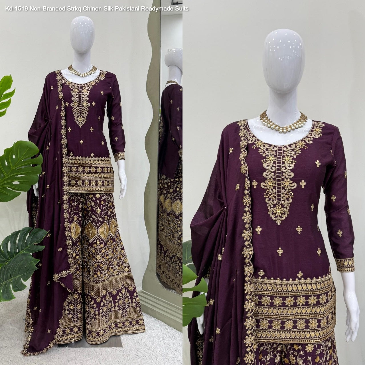 Kd-1519 Non-Branded Strkq Chinon Silk Pakistani Readymade Suits