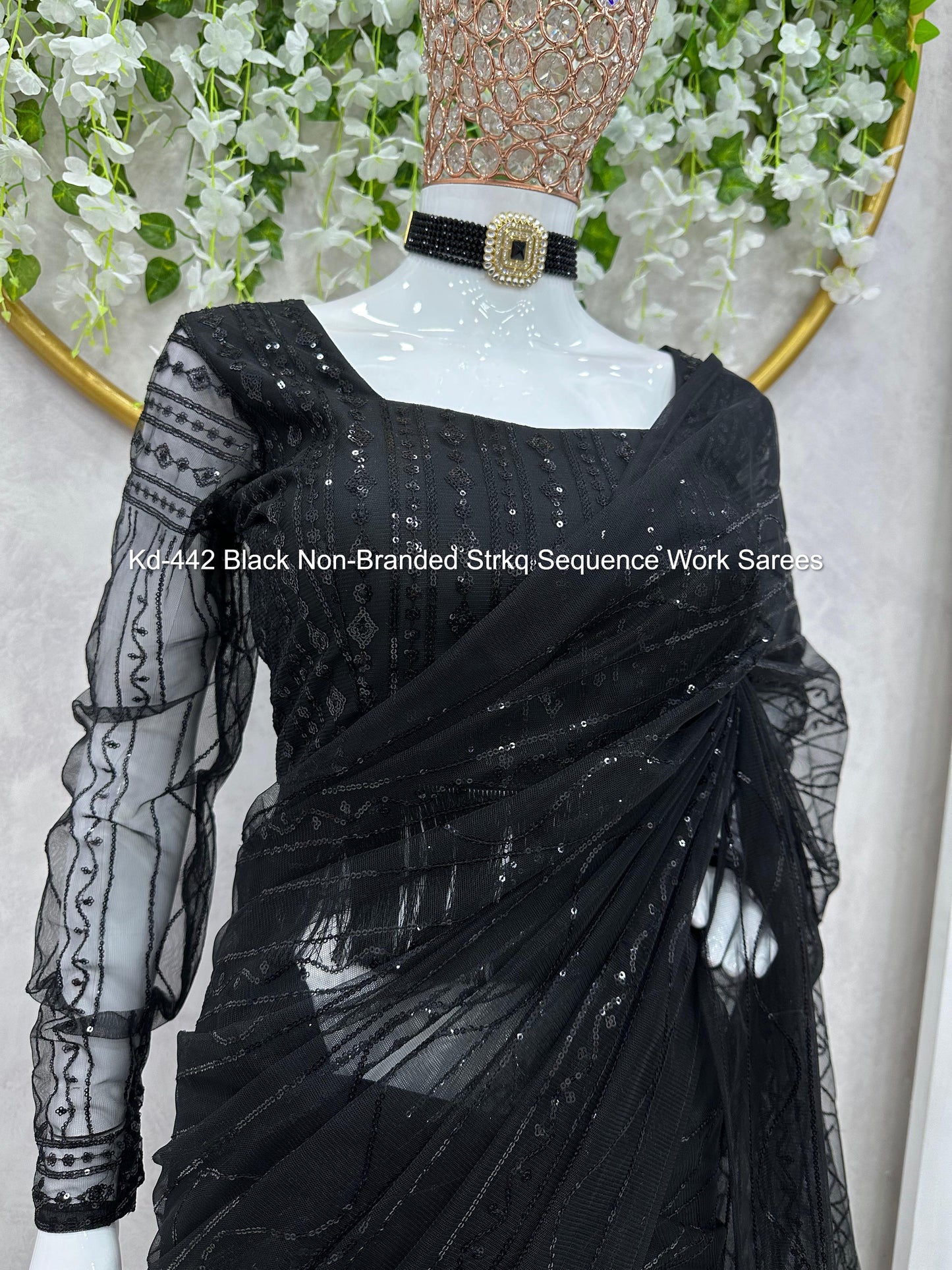 Kd-442 Black Non-Branded Strkq Sequence Work Sarees