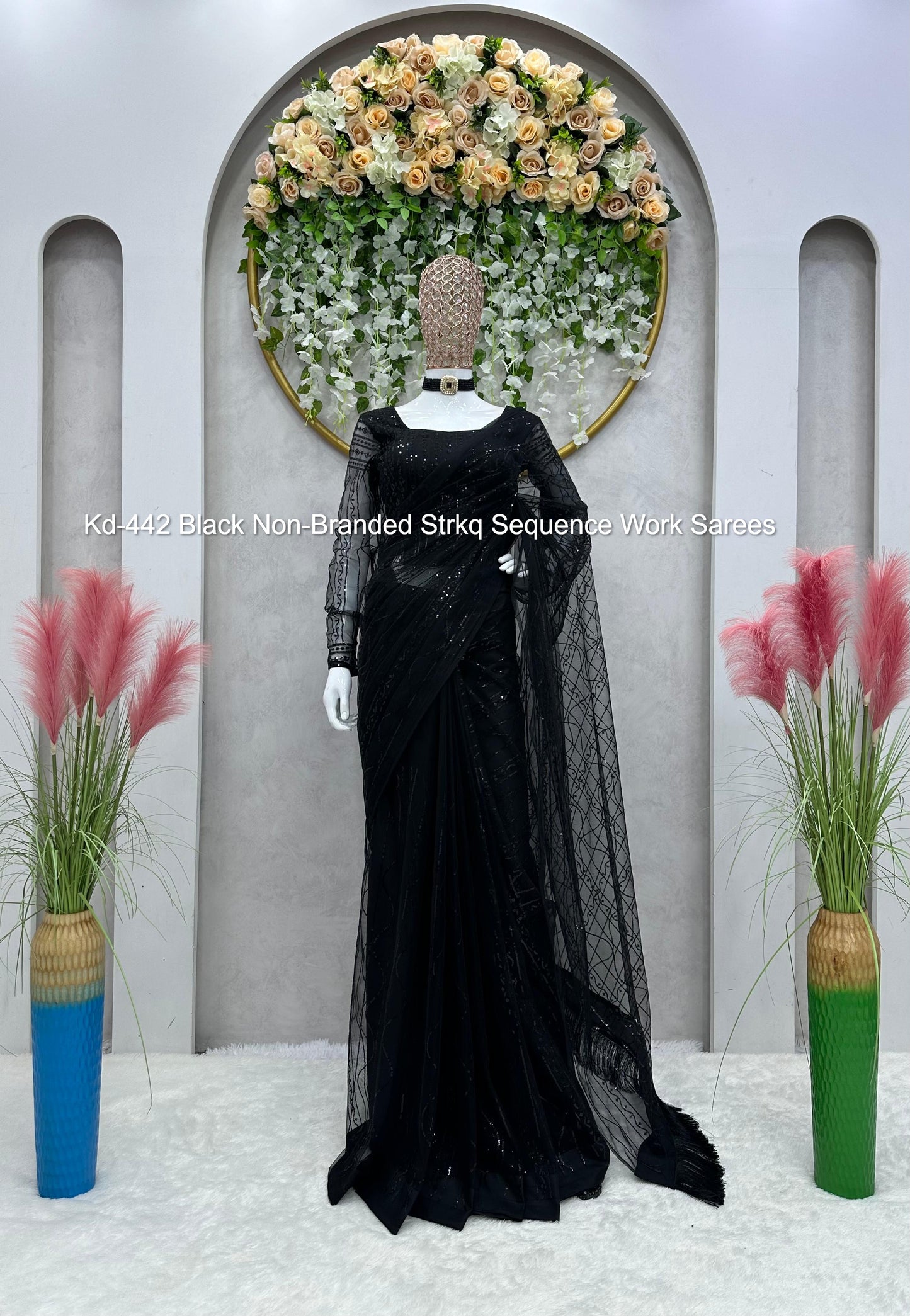 Kd-442 Black Non-Branded Strkq Sequence Work Sarees