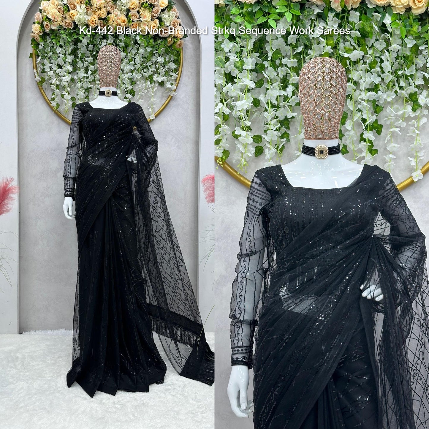 Kd-442 Black Non-Branded Strkq Sequence Work Sarees