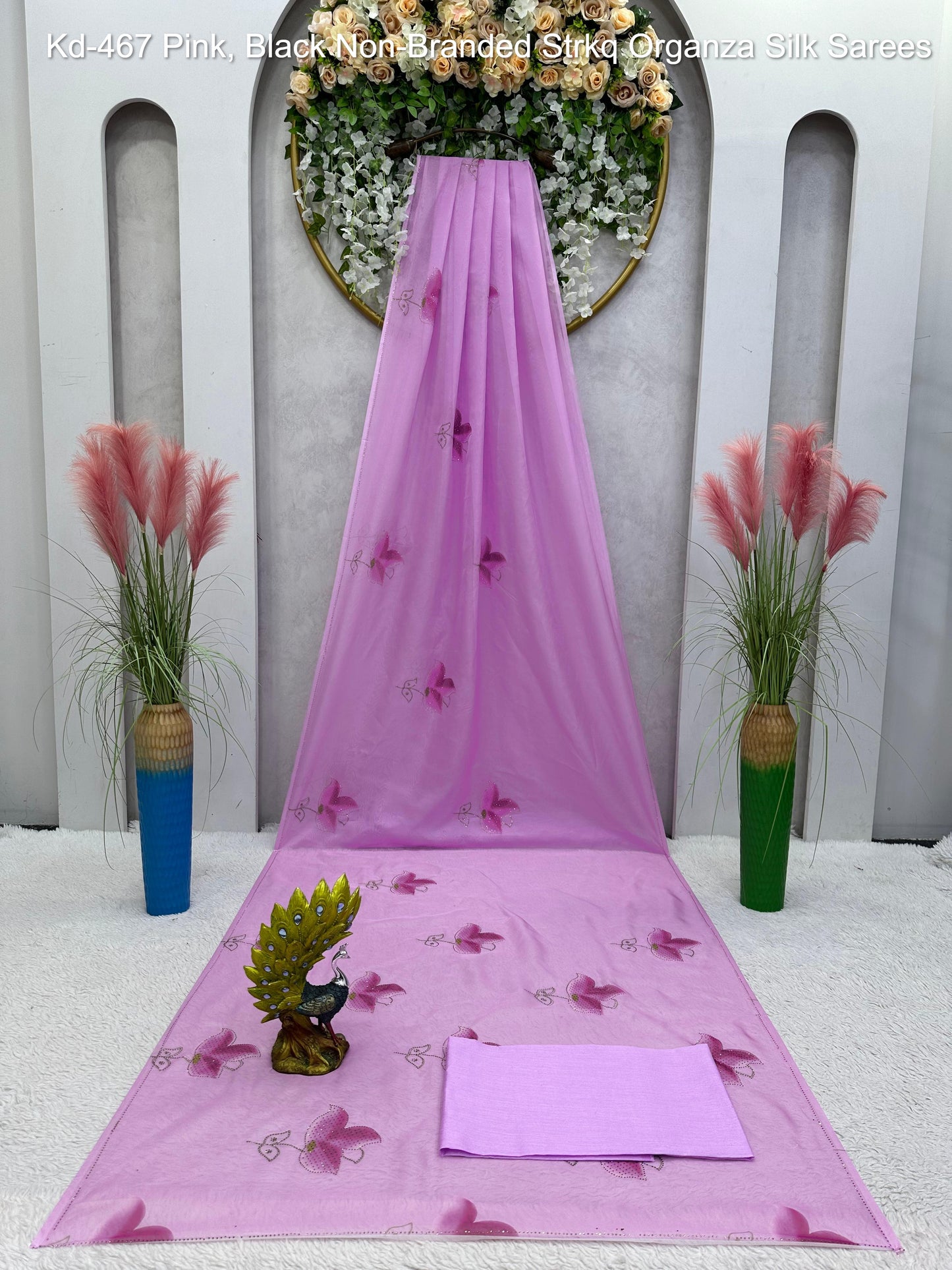 Kd-467 Pink, Black Non-Branded Strkq Organza Silk Sarees