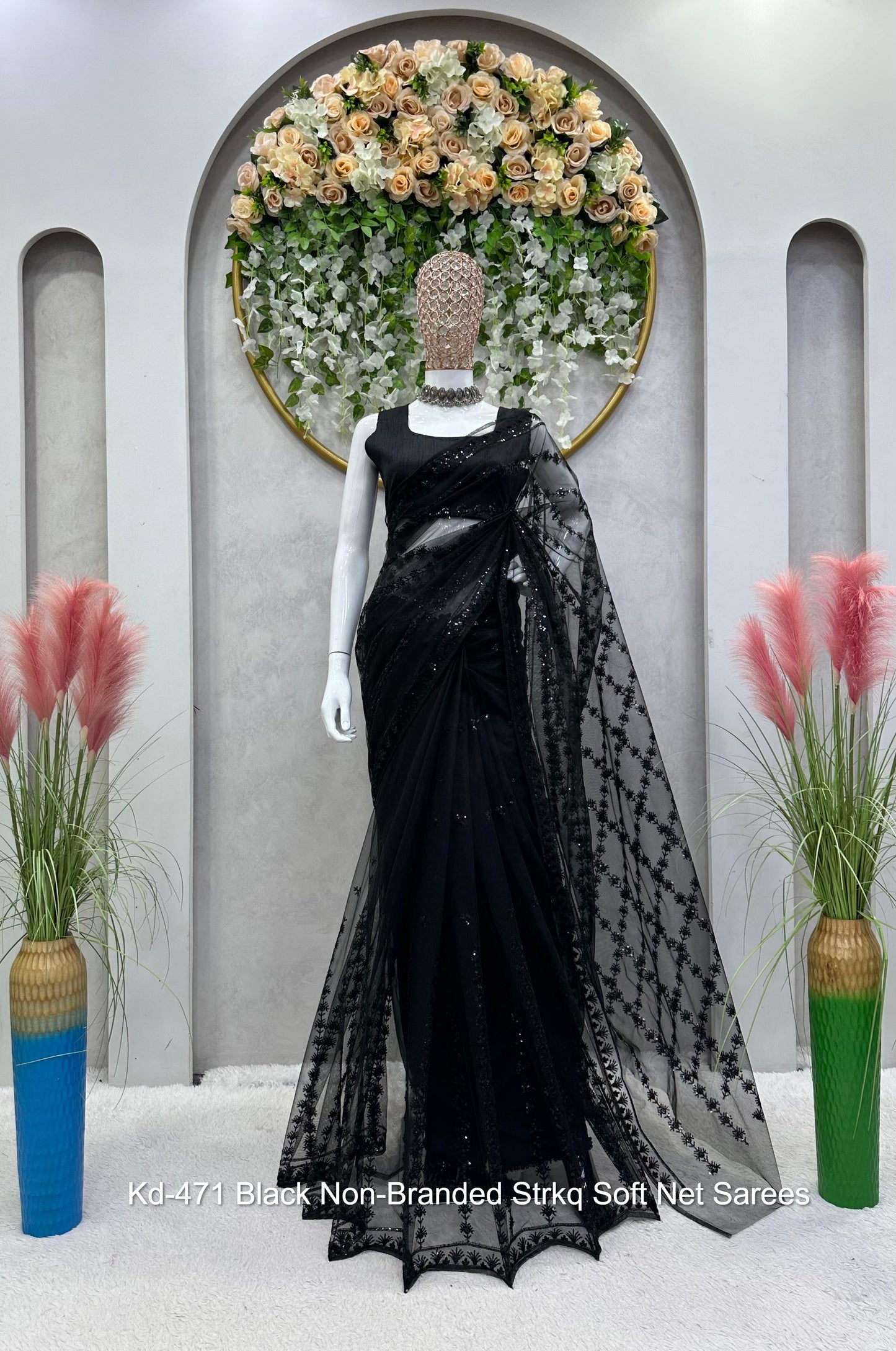 Kd-471 Black Non-Branded Strkq Soft Net Sarees