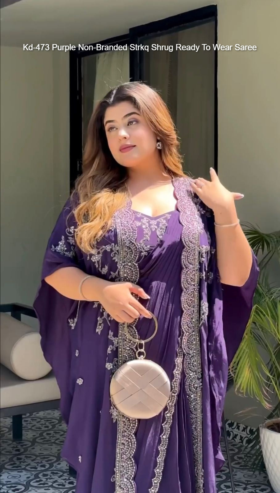 Kd-473 Purple Non-Branded Strkq Shrug Ready To Wear Saree