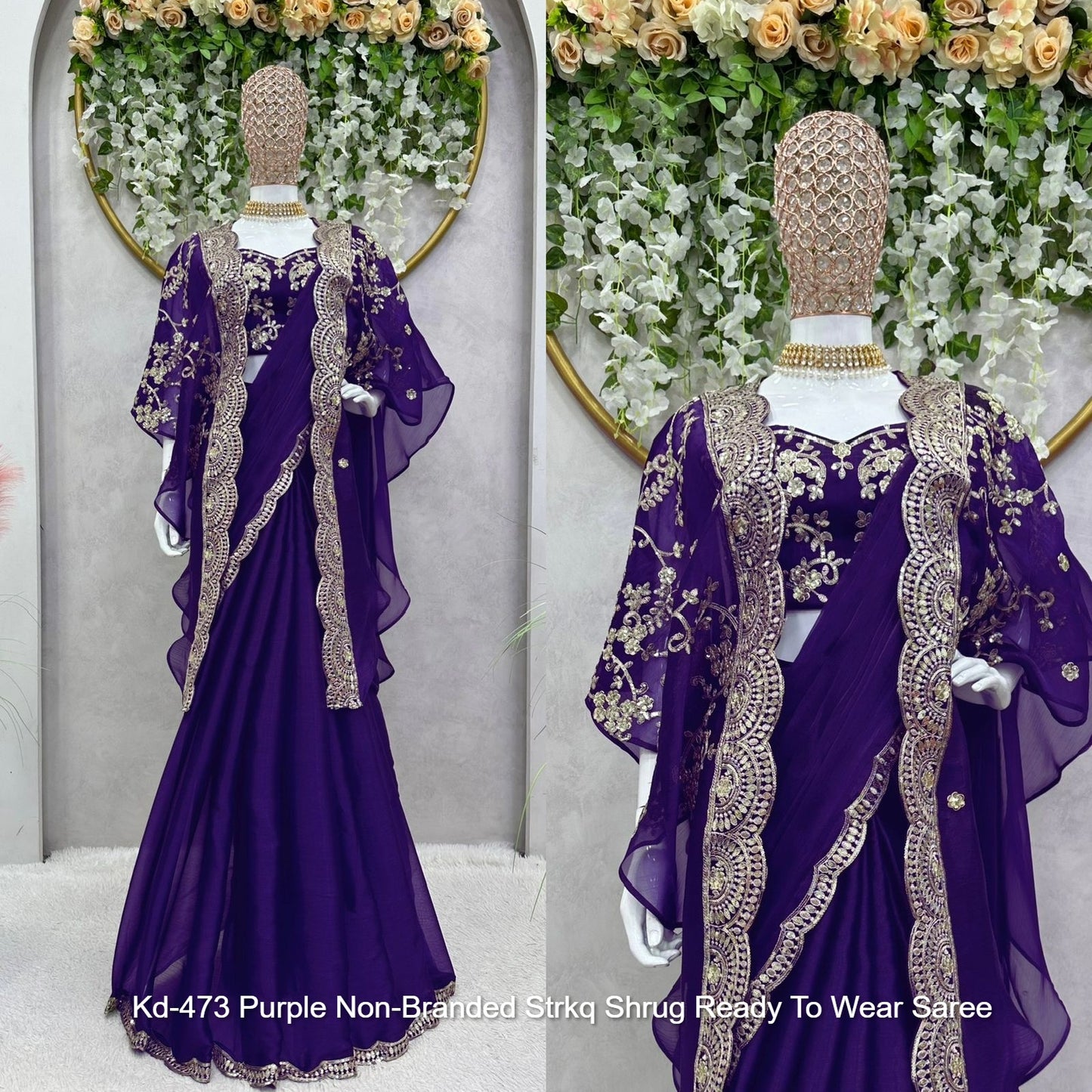 Kd-473 Purple Non-Branded Strkq Shrug Ready To Wear Saree
