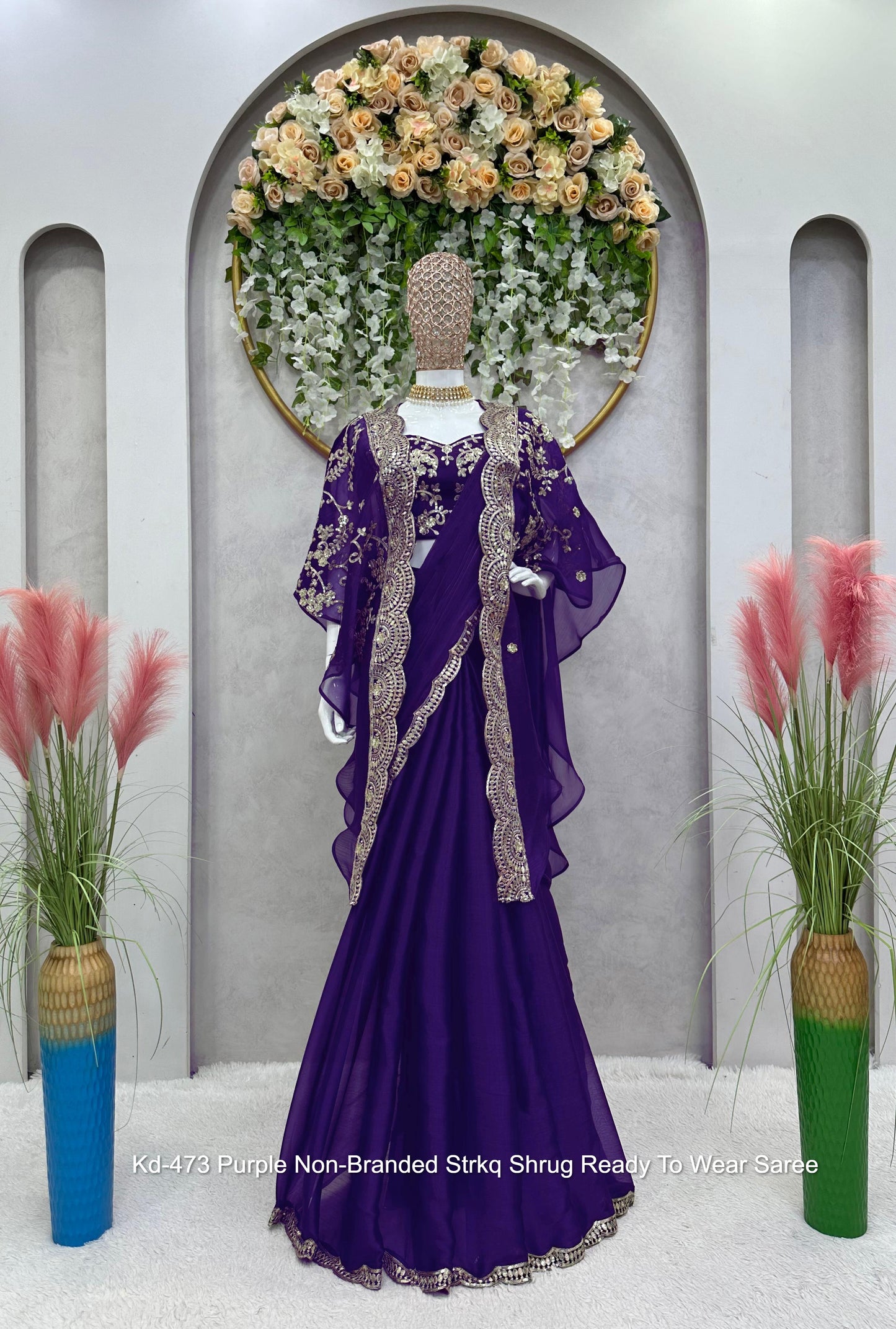 Kd-473 Purple Non-Branded Strkq Shrug Ready To Wear Saree