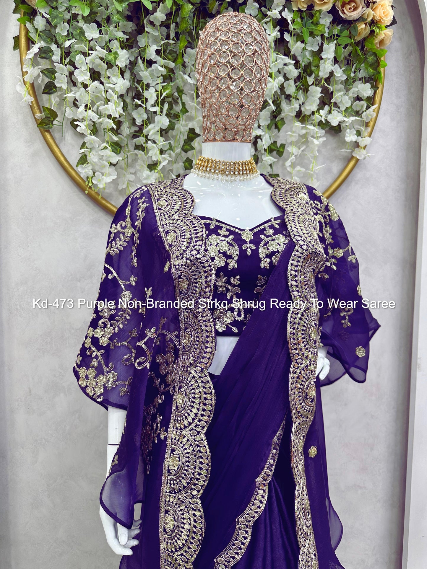 Kd-473 Purple Non-Branded Strkq Shrug Ready To Wear Saree