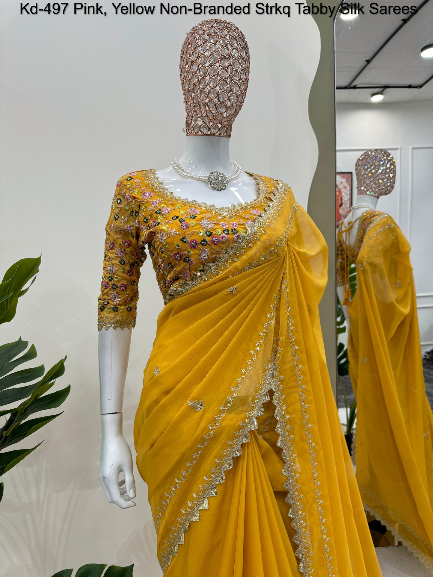 Kd-497 Pink, Yellow Non-Branded Strkq Tabby Silk Sarees