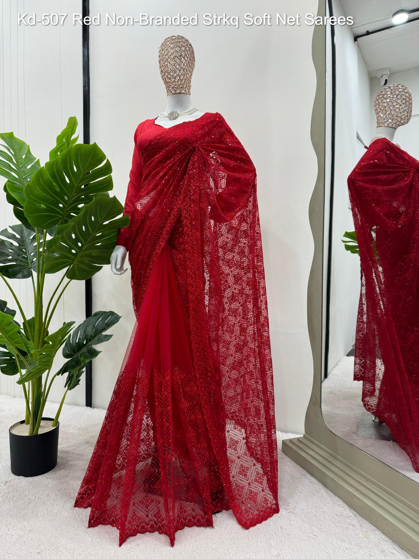 Kd-507 Red Non-Branded Strkq Soft Net Sarees