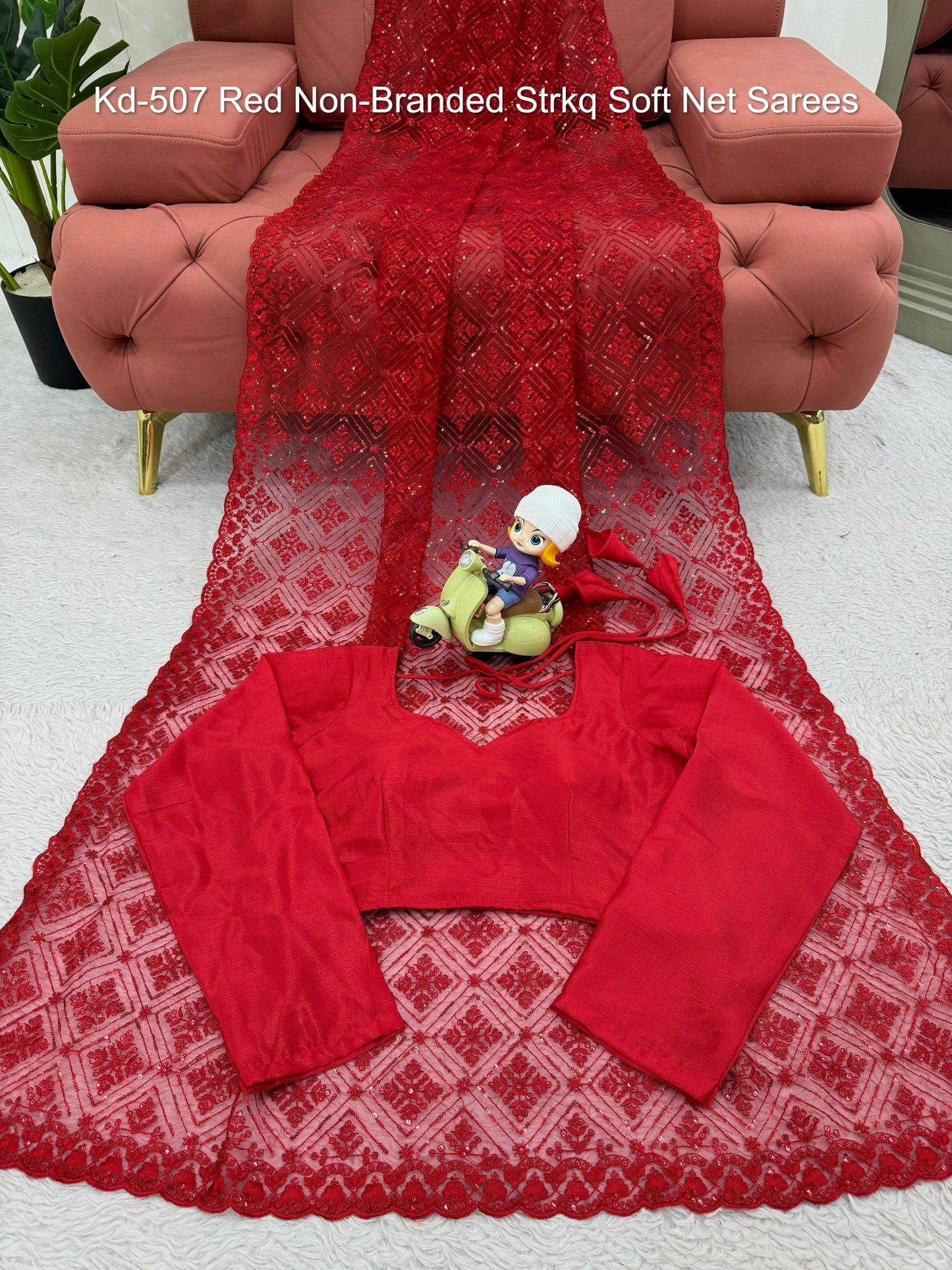 Kd-507 Red Non-Branded Strkq Soft Net Sarees