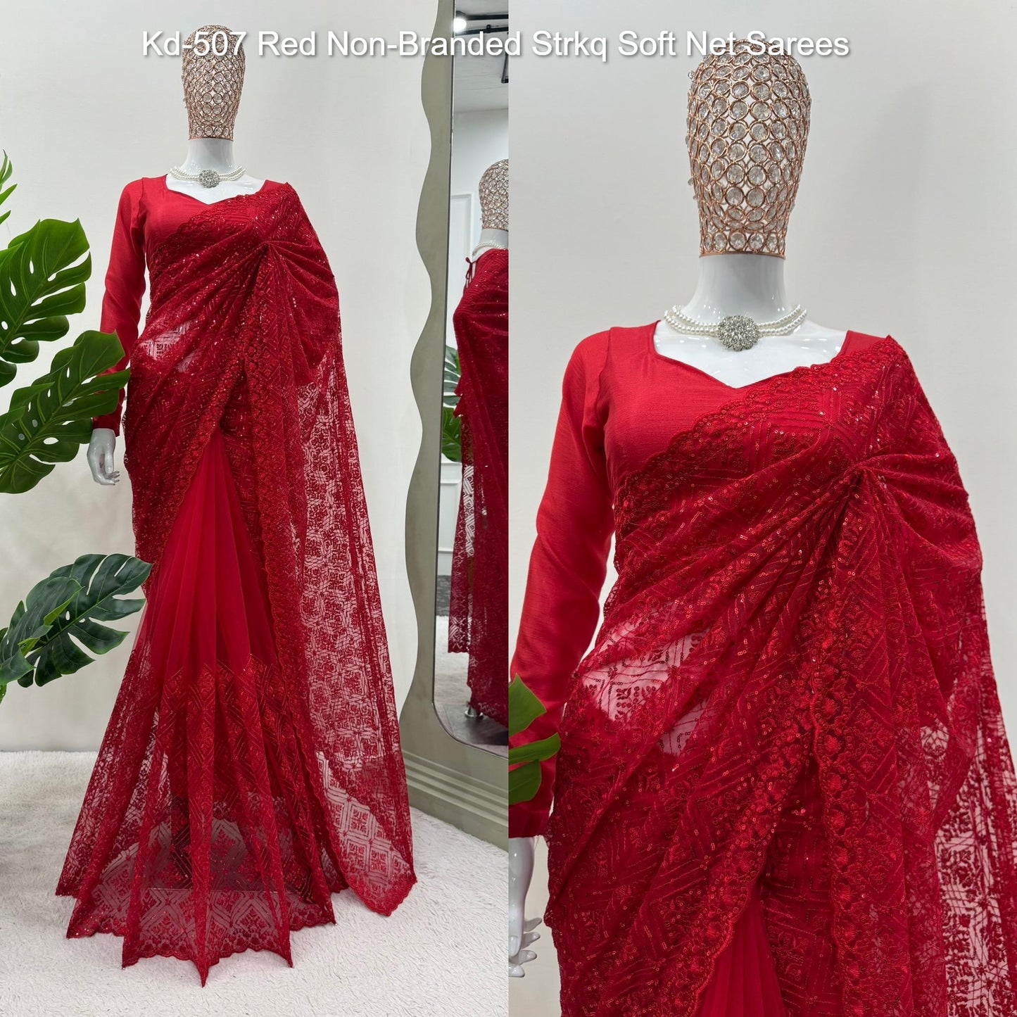Kd-507 Red Non-Branded Strkq Soft Net Sarees