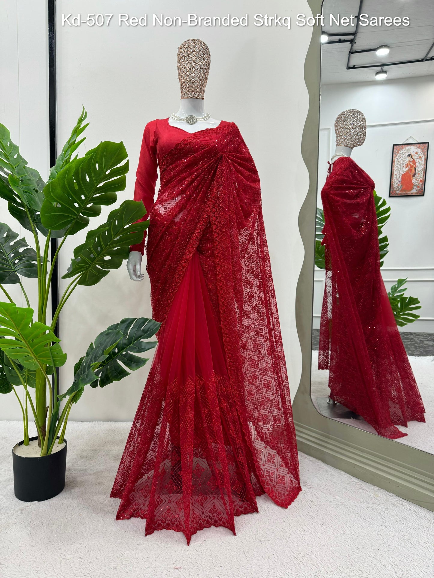 Kd-507 Red Non-Branded Strkq Soft Net Sarees