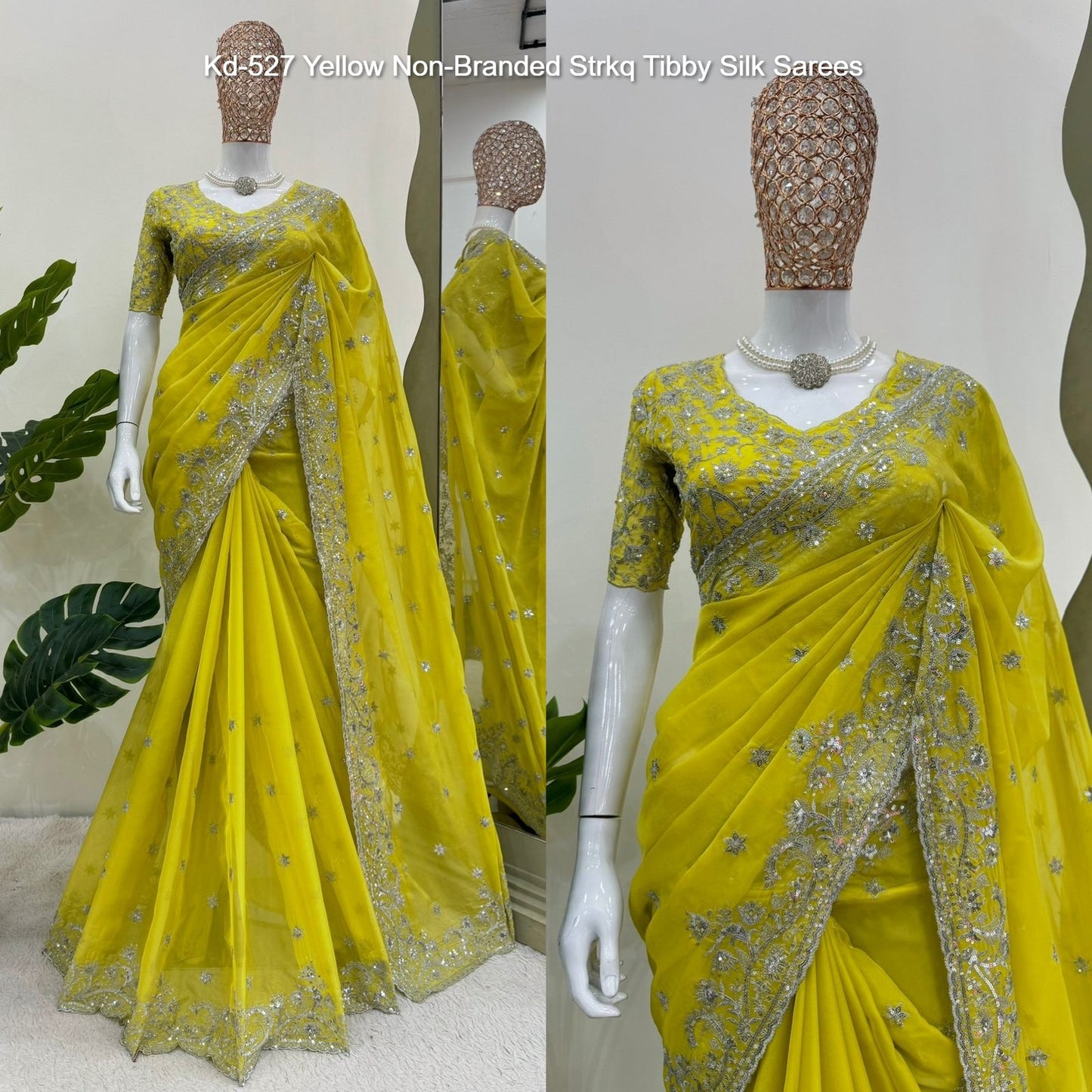 Kd-527 Yellow Non-Branded Strkq Tibby Silk Sarees