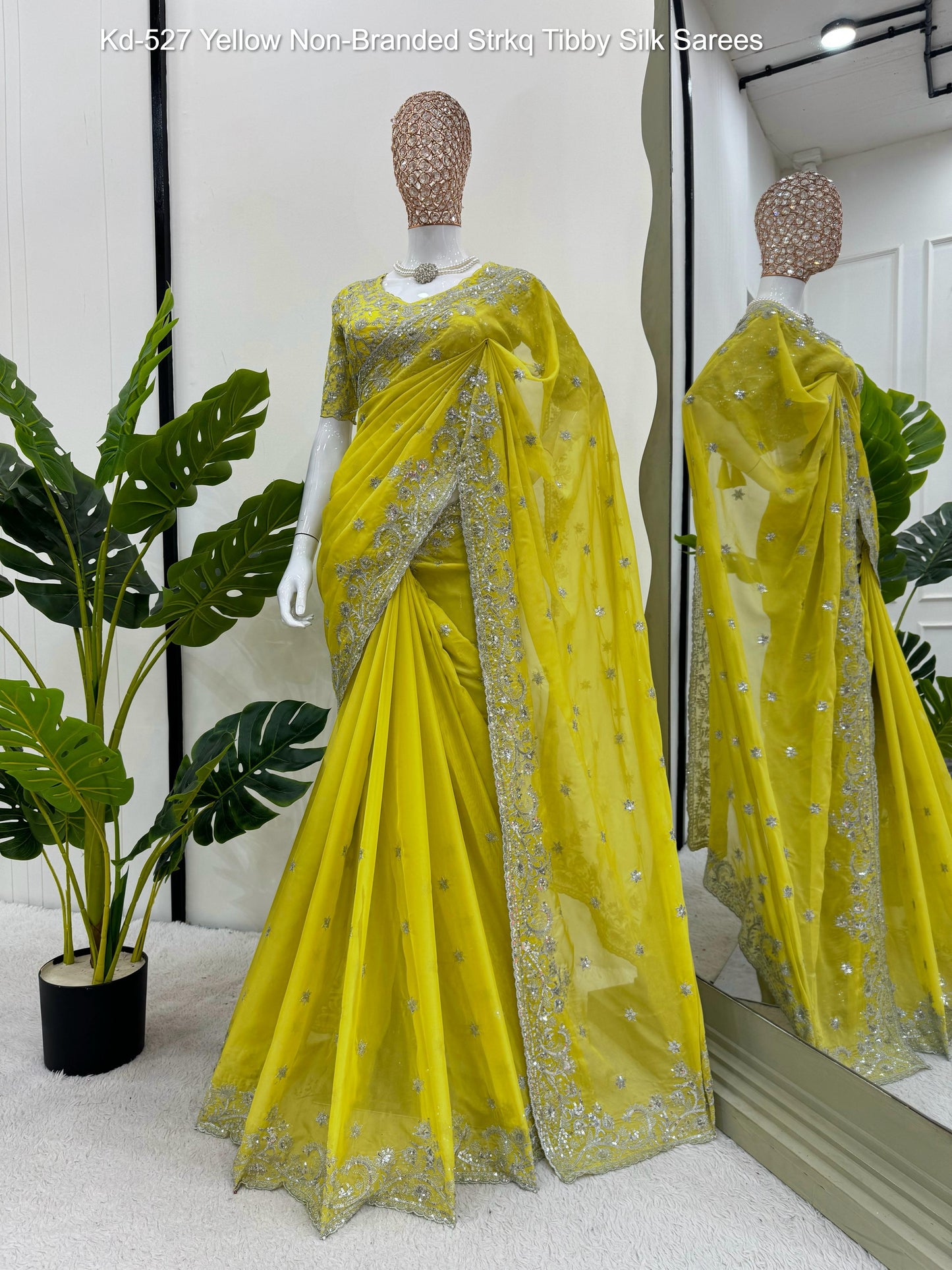 Kd-527 Yellow Non-Branded Strkq Tibby Silk Sarees