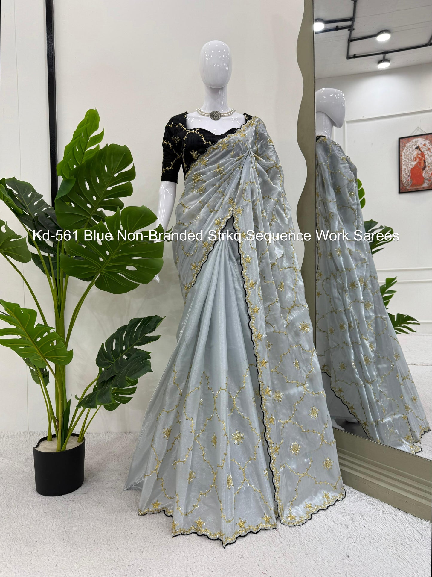Kd-561 Blue Non-Branded Strkq Sequence Work Sarees