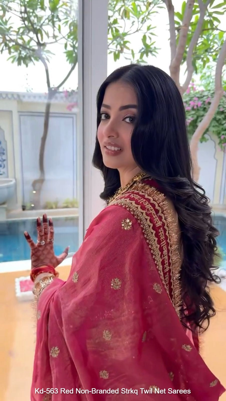 Kd-563 Red Non-Branded Strkq Twil Net Sarees