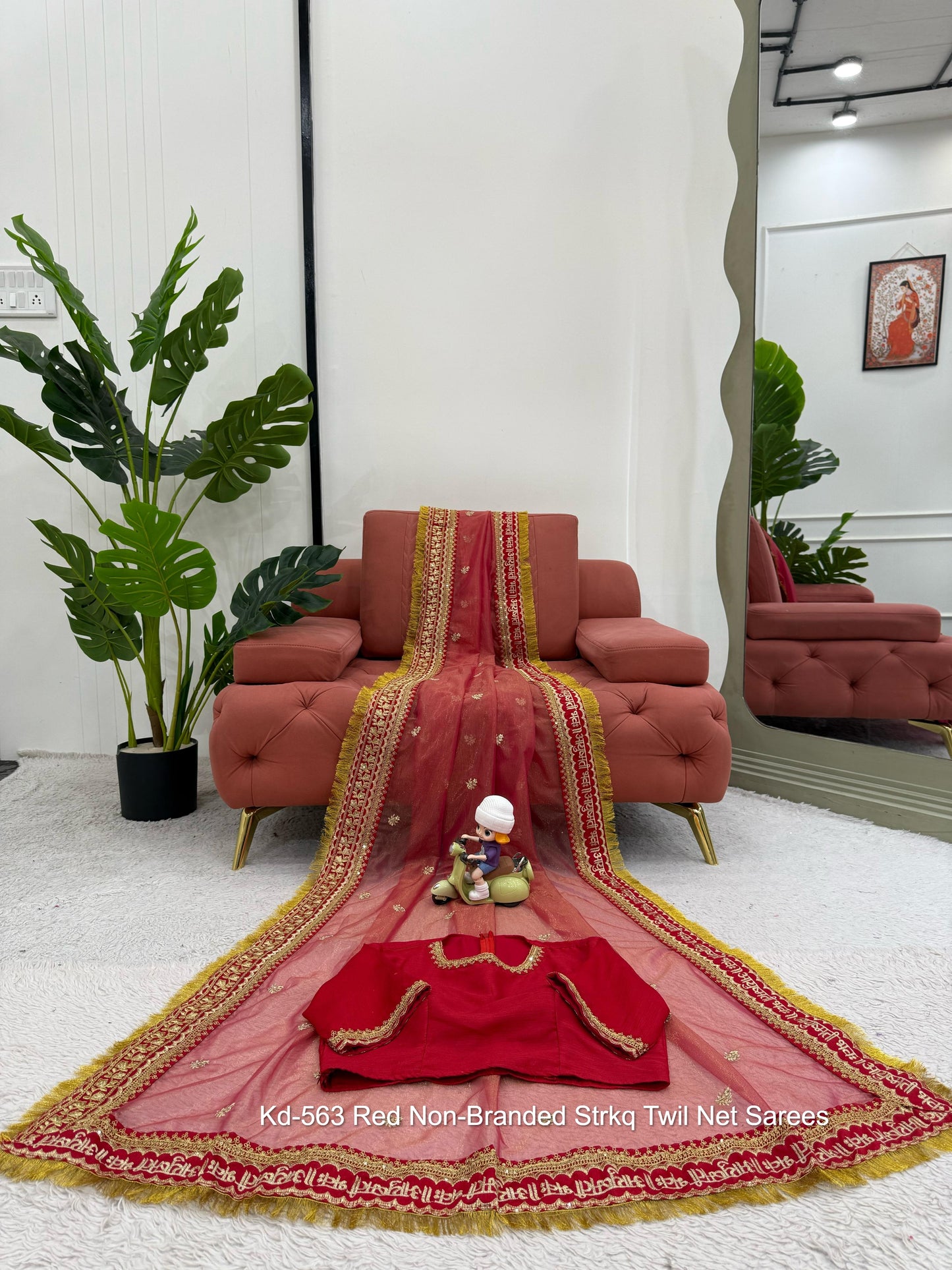 Kd-563 Red Non-Branded Strkq Twil Net Sarees