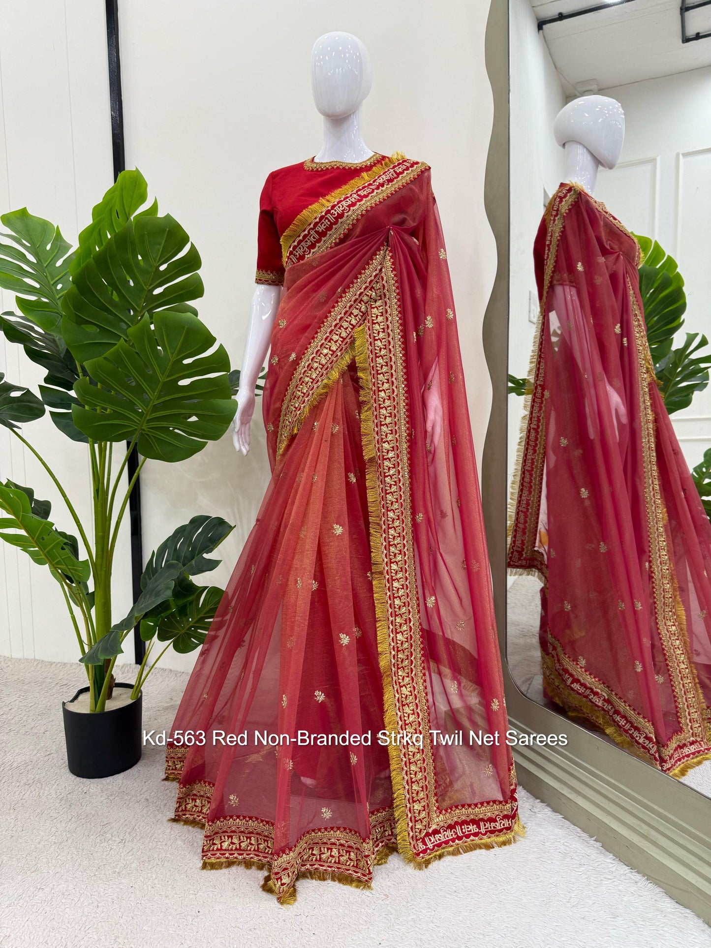 Kd-563 Red Non-Branded Strkq Twil Net Sarees