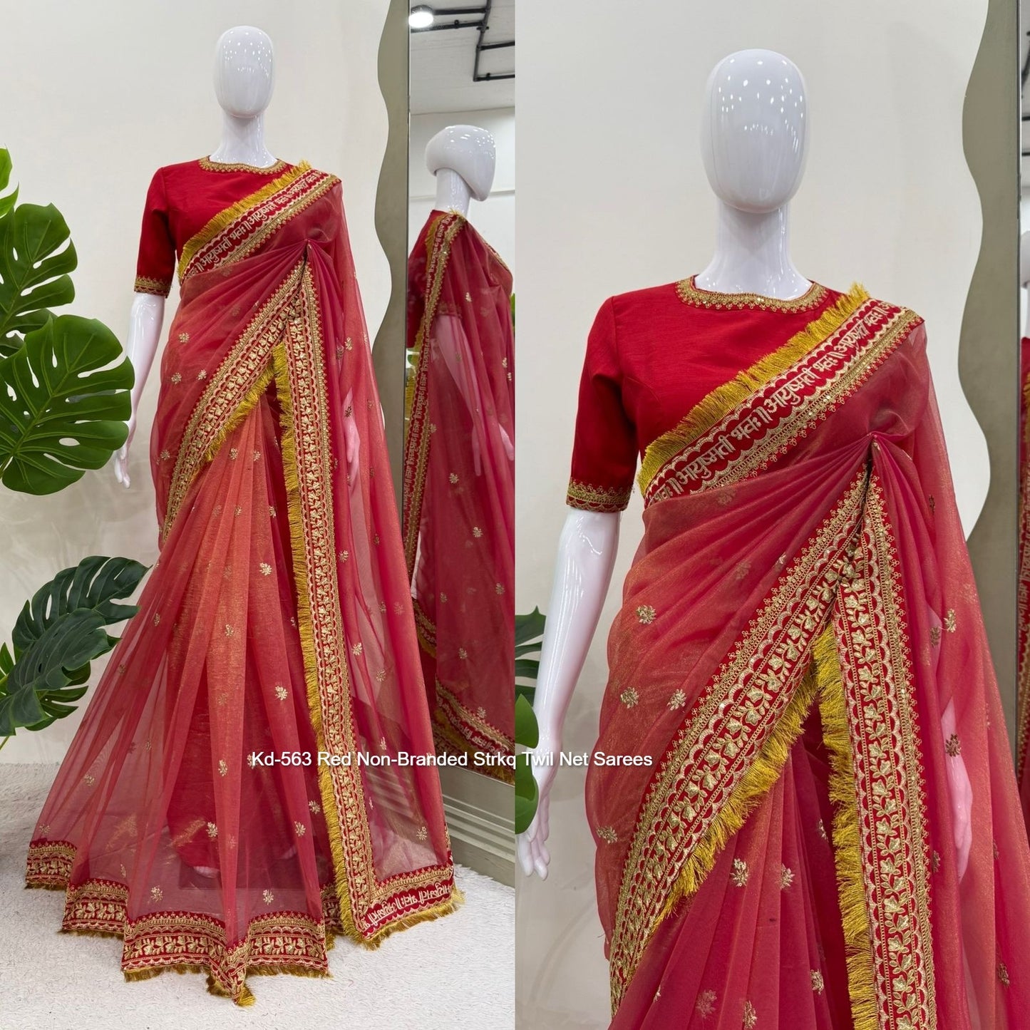 Kd-563 Red Non-Branded Strkq Twil Net Sarees