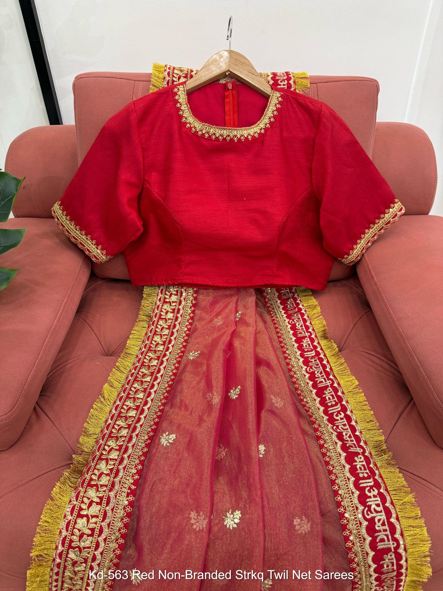Kd-563 Red Non-Branded Strkq Twil Net Sarees