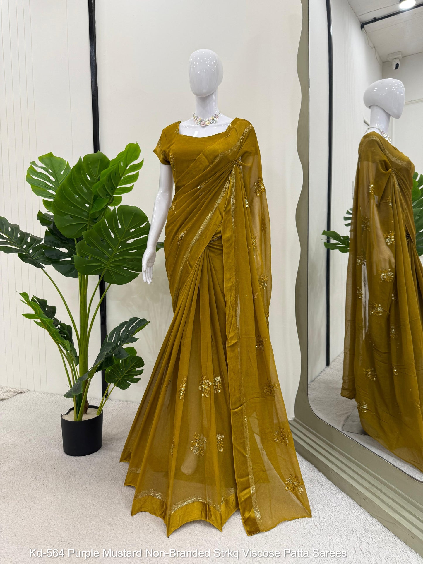 Kd-564 Purple Mustard Non-Branded Strkq Viscose Patta Sarees