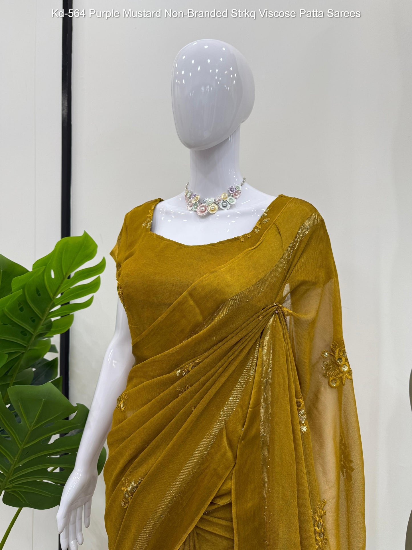 Kd-564 Purple Mustard Non-Branded Strkq Viscose Patta Sarees