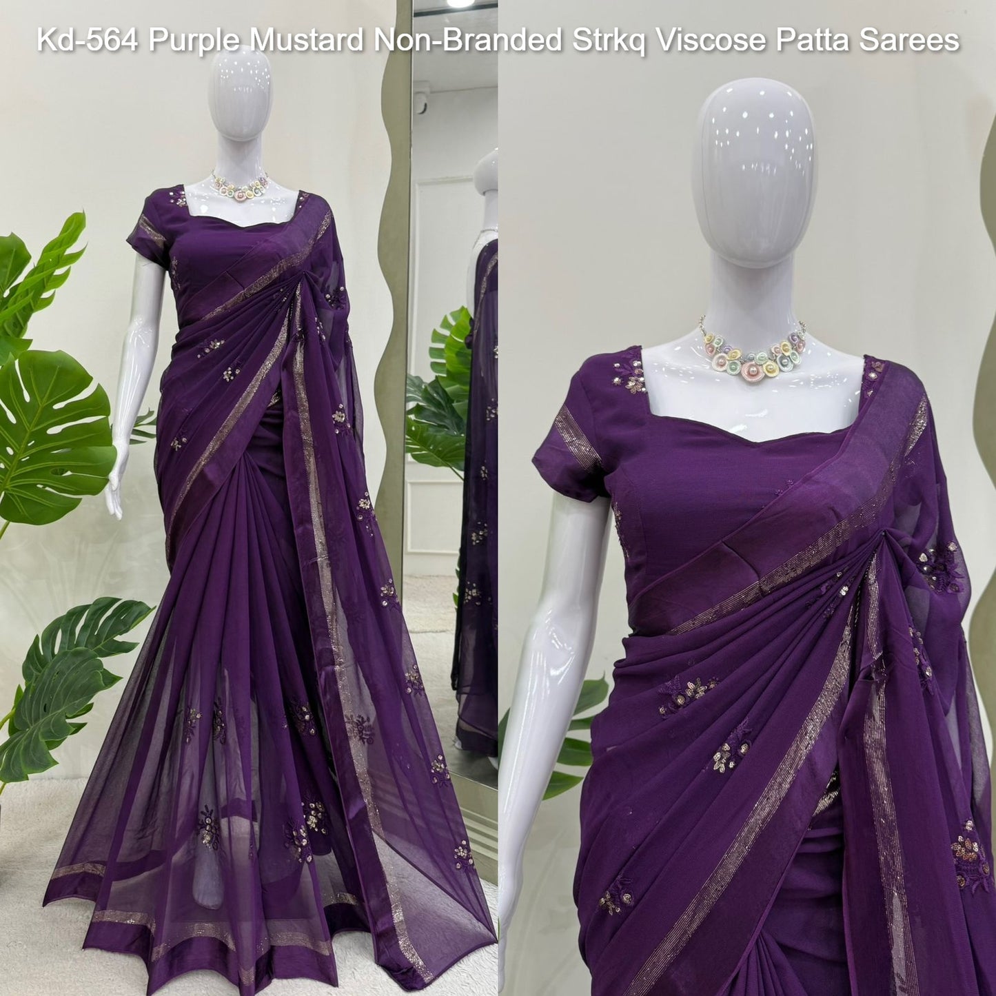 Kd-564 Purple Mustard Non-Branded Strkq Viscose Patta Sarees