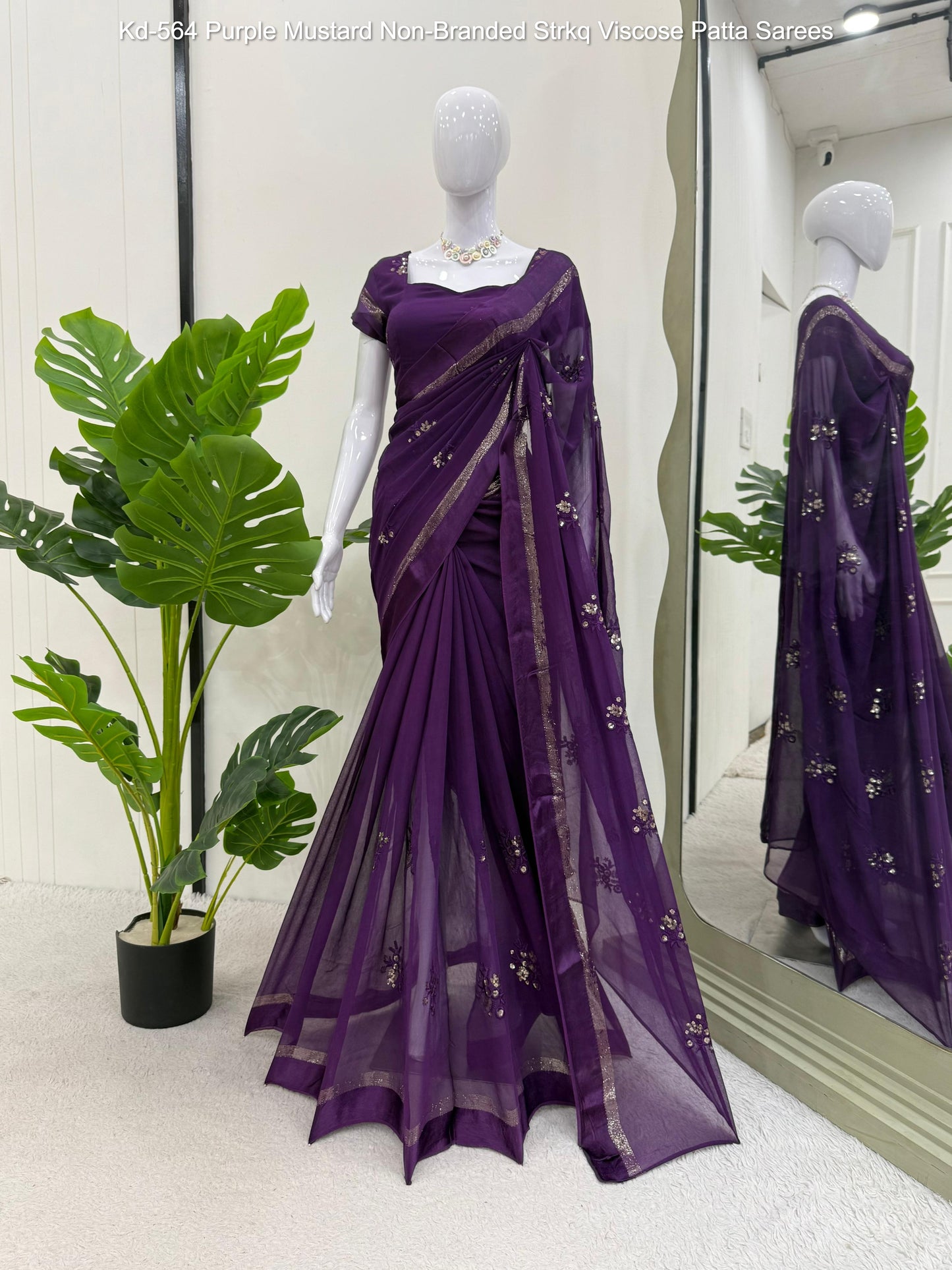 Kd-564 Purple Mustard Non-Branded Strkq Viscose Patta Sarees