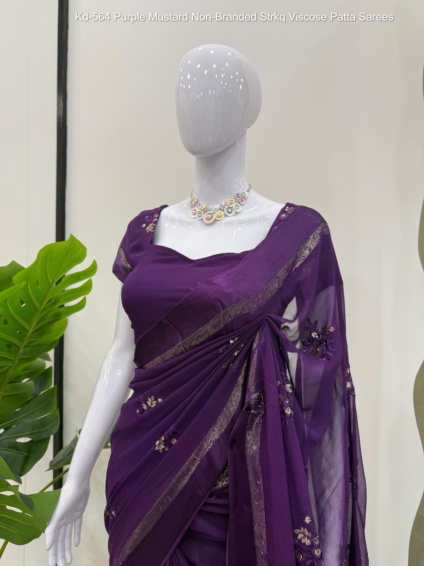 Kd-564 Purple Mustard Non-Branded Strkq Viscose Patta Sarees