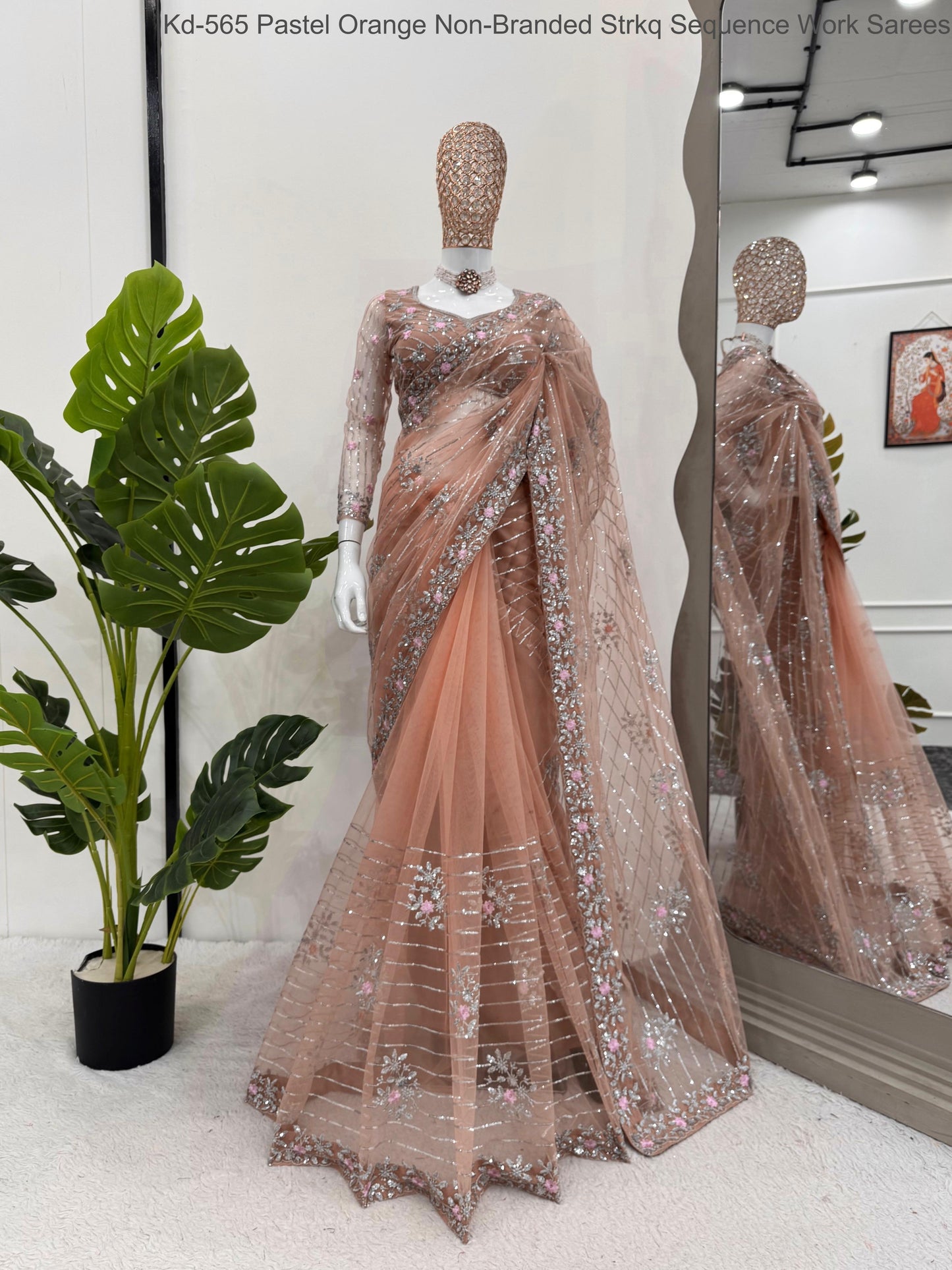 Kd-565 Pastel Orange Non-Branded Strkq Sequence Work Sarees
