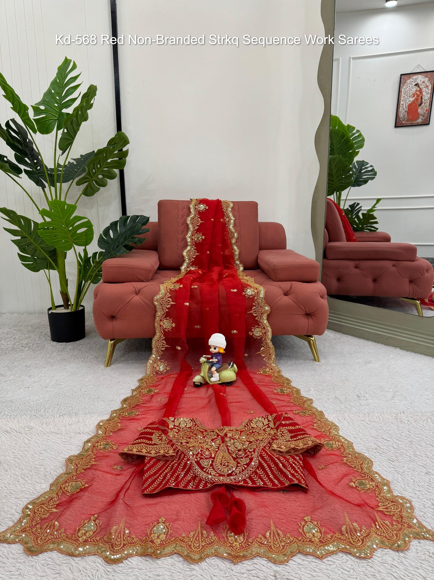Kd-568 Red Non-Branded Strkq Sequence Work Sarees