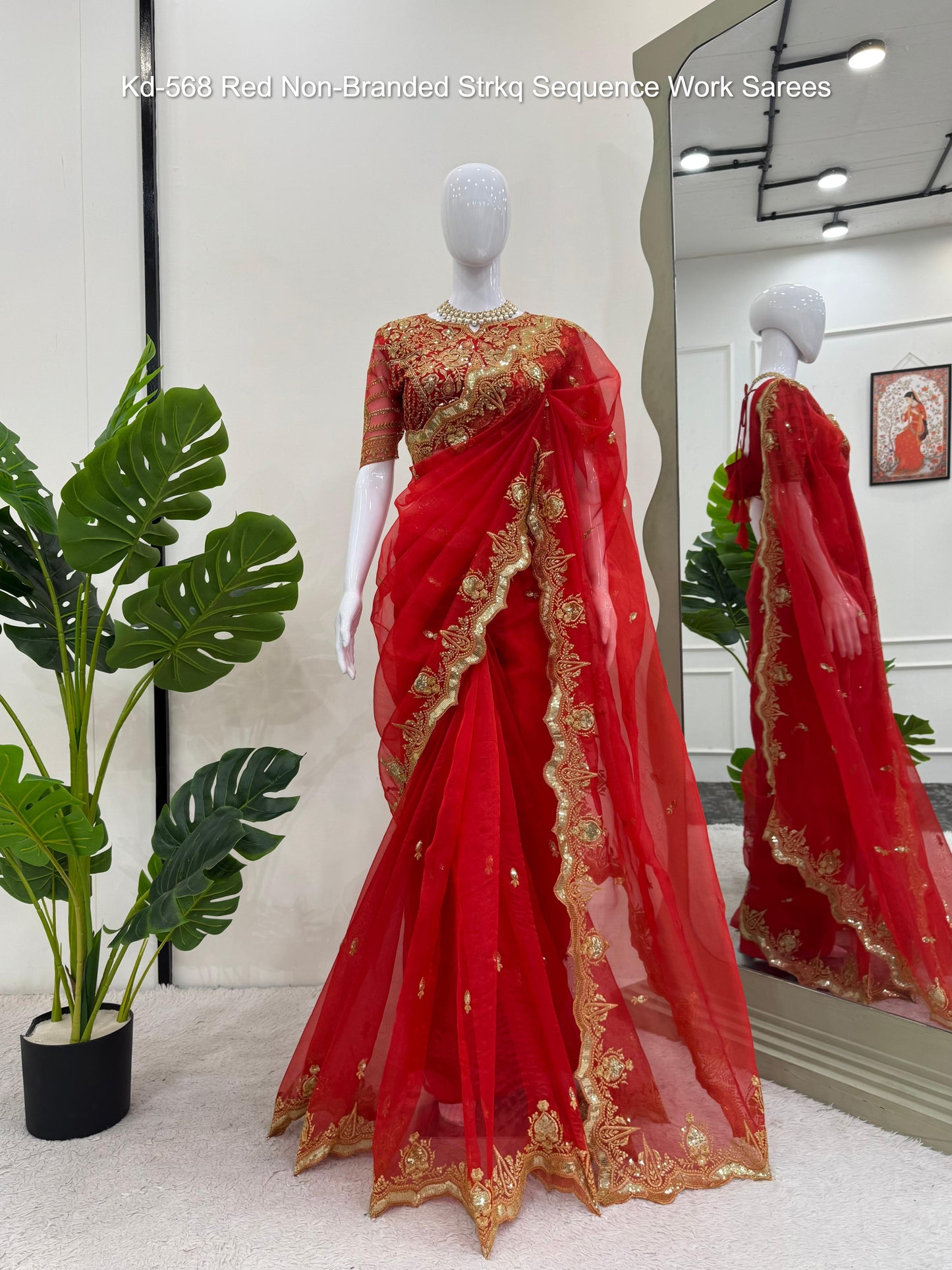 Kd-568 Red Non-Branded Strkq Sequence Work Sarees