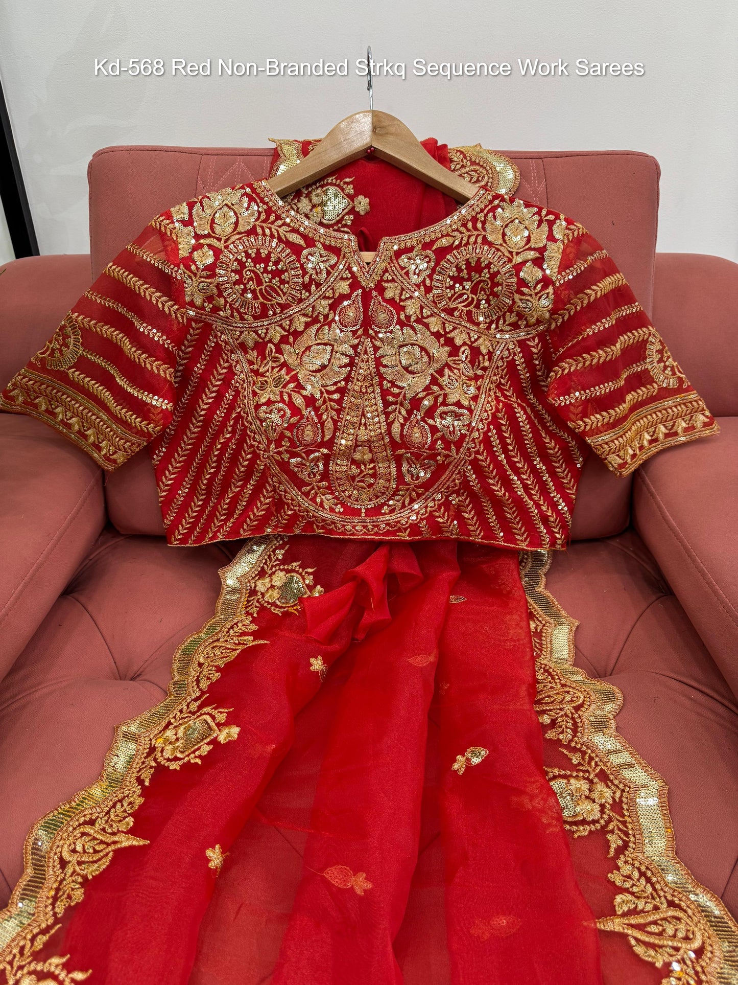 Kd-568 Red Non-Branded Strkq Sequence Work Sarees