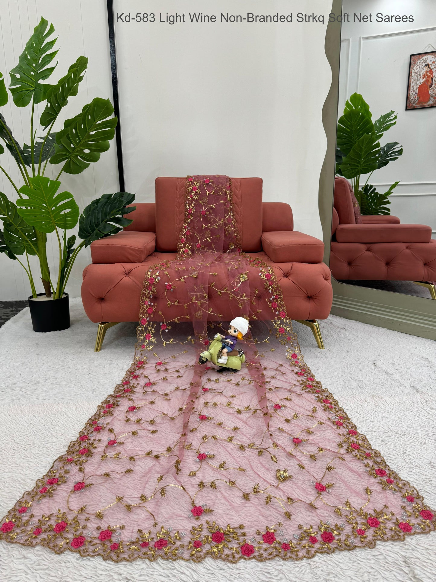 Kd-583 Light Wine Non-Branded Strkq Soft Net Sarees