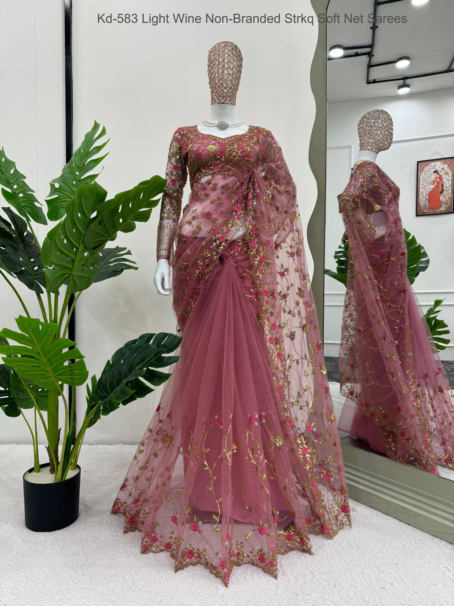 Kd-583 Light Wine Non-Branded Strkq Soft Net Sarees
