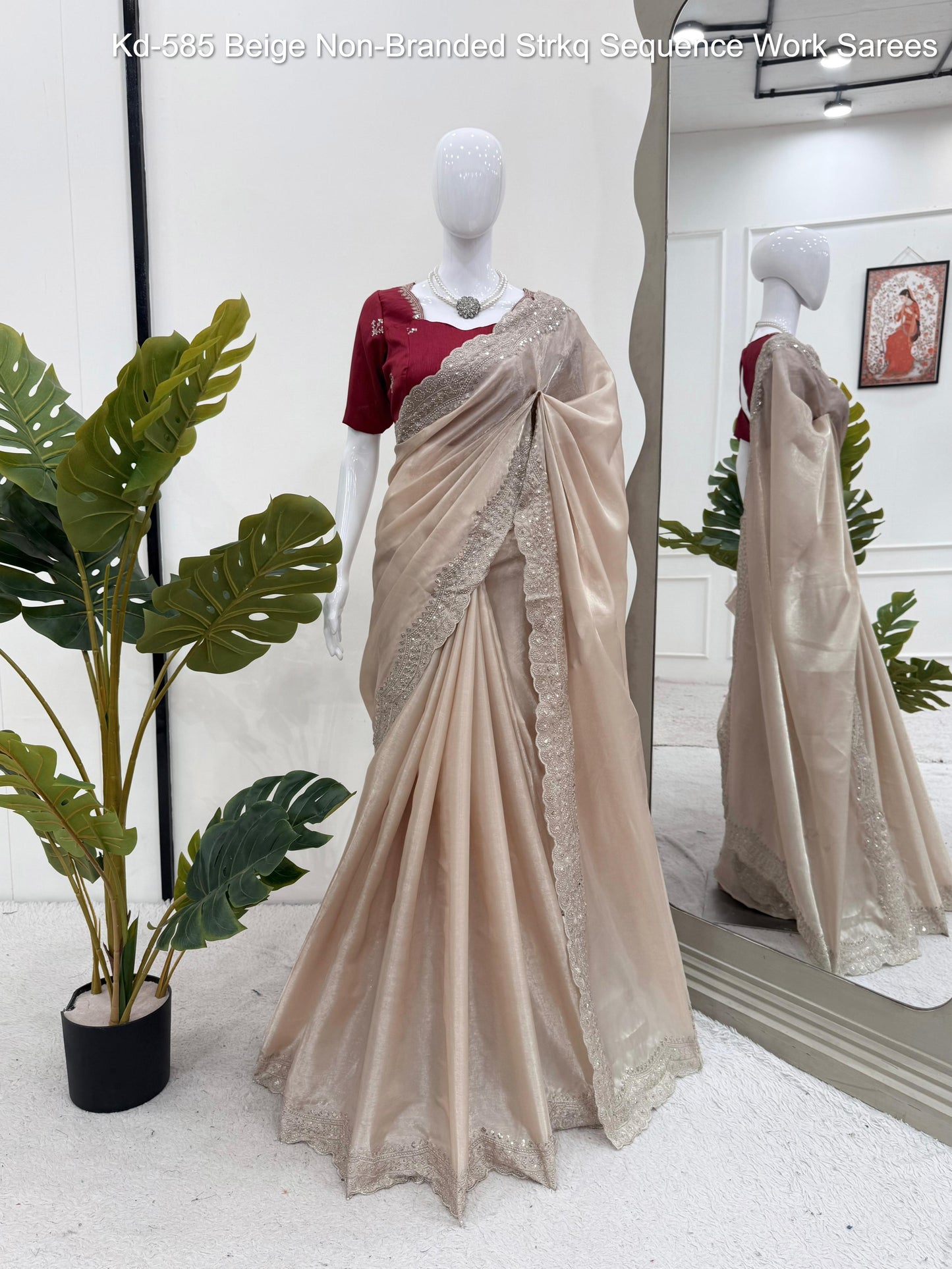 Kd-585 Beige Non-Branded Strkq Sequence Work Sarees